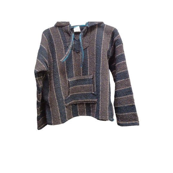 Vel-Mex Hooded Baja Pullover Sweater Small Black & Brown Striped - Picture 1 of 3